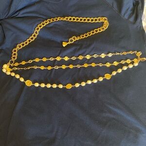 Vintage gold chain and pearl layered three tiered belt.